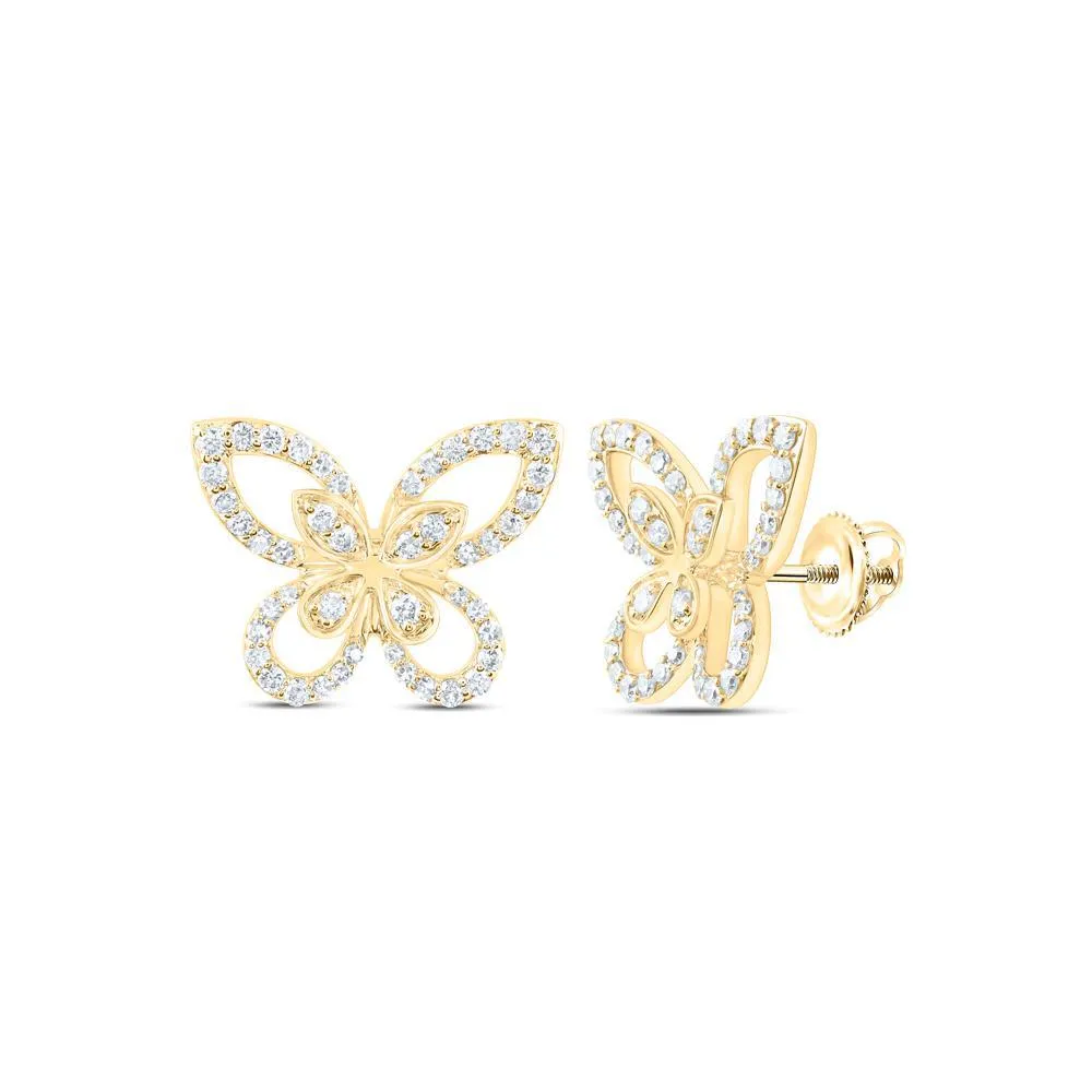 0.50cttw Diamond Butterfly Stud Womens Earrings 10k Yellow Gold Screw Back