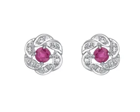 10K White Gold Pink Sapphire with Diamond "Flower"Stud Earrings