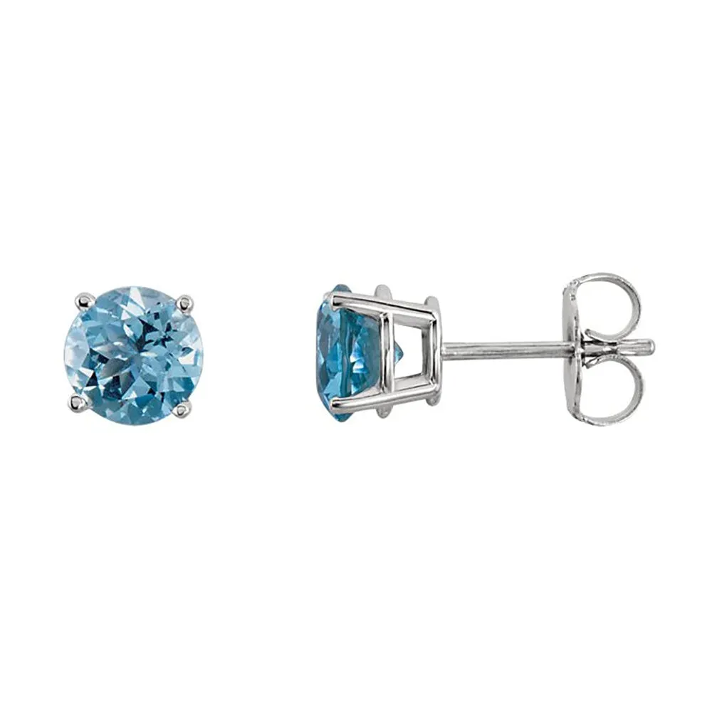 10k White Gold Plated 1 Carat Round Created Aquamarine Sapphire Stud Earrings