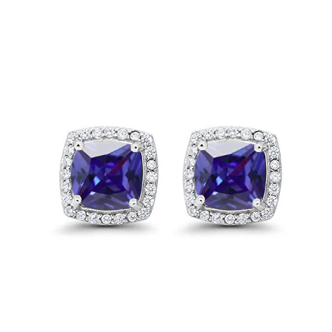 10k White Gold Plated 1 Ct Created Halo Princess Cut Blue Sapphire Stud Earrings