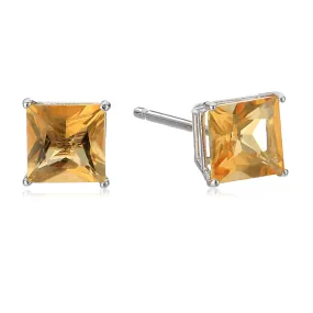 10k White Gold Plated 1/2 Carat Princess Cut Created Citrine Sapphire Stud Earrings