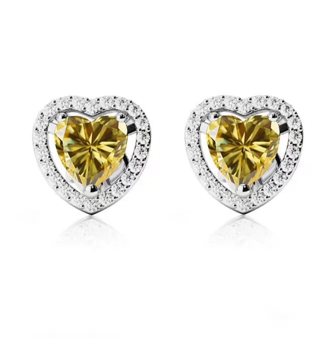 10k White Gold Plated 2 Ct Created Halo Heart Yellow Sapphire Stud Earrings