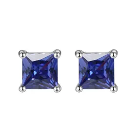 10k White Gold Plated 3 Carat Princess Cut Created Blue Sapphire Stud Earrings