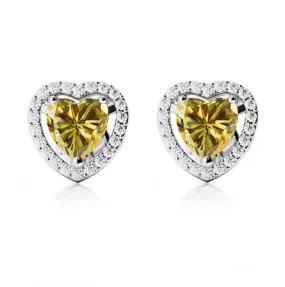 10k White Gold Plated 4 Ct Created Halo Heart Yellow Sapphire Stud Earrings