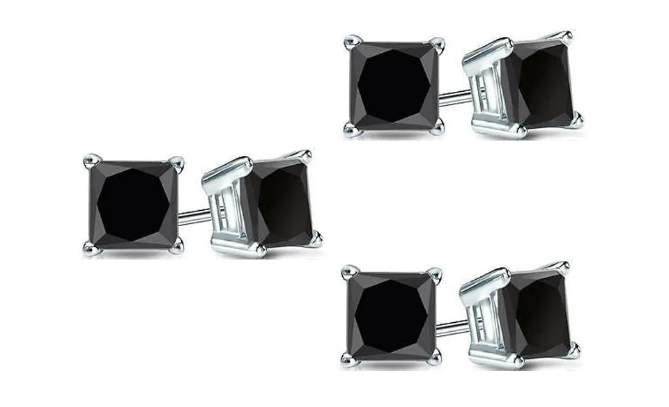 10k White Gold Plated Created Black Sapphire 1/2Ct Princess Cut Pack of Three Stud Earrings