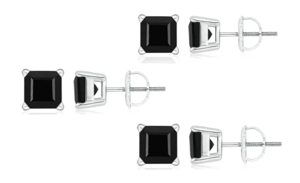 10k White Gold Plated Created Black Sapphire 2Ct Square Cut Pack of Three Stud Earrings