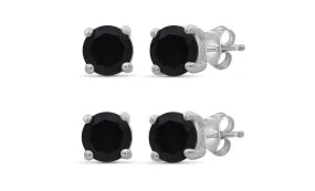 10k White Gold Plated Created Black Sapphire 3Ct Round Set of Two Stud Earrings