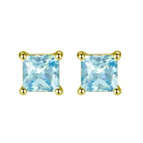 10k Yellow Gold Plated 3 Carat Princess Cut Created Blue Topaz Sapphire Stud Earrings