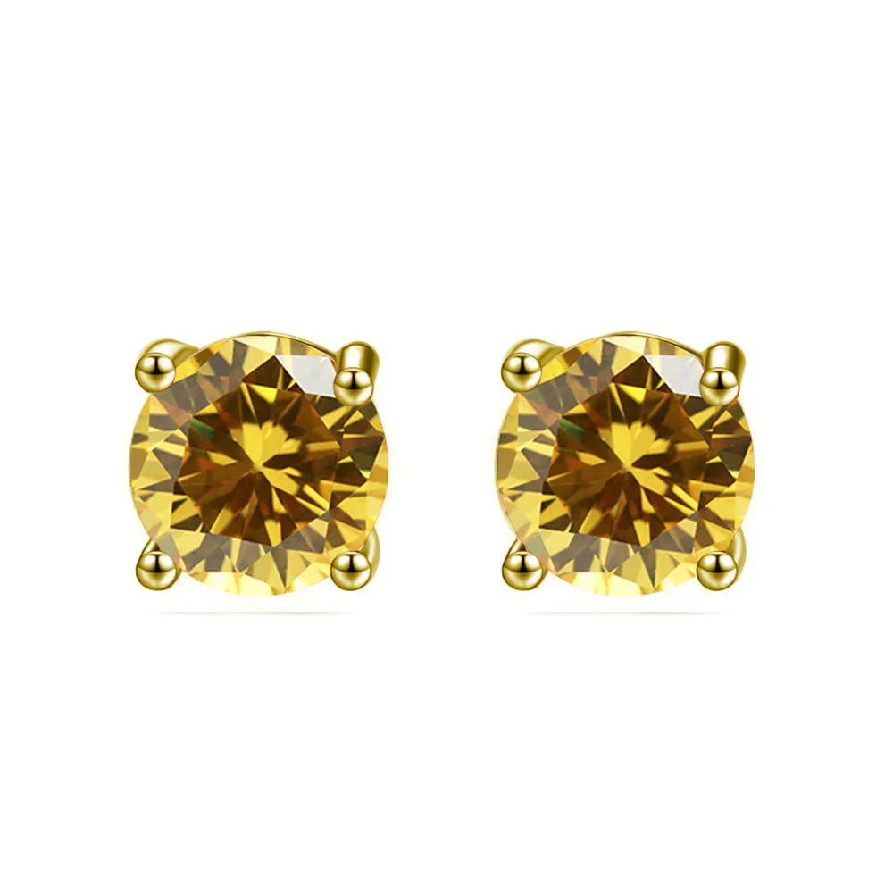 10k Yellow Gold Plated 4 Carat Round Created Citrine Sapphire Stud Earrings