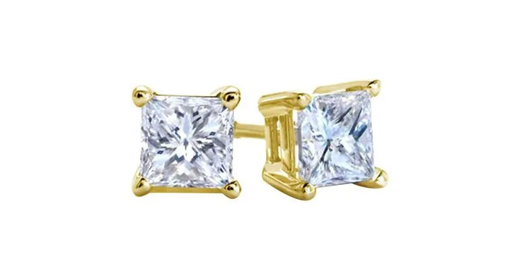 10k Yellow Gold Plated Created White Sapphire 1 Carat Square Cut Stud Earrings