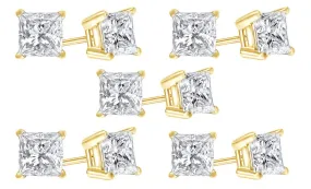 10k Yellow Gold Plated Created White Sapphire 4 Carat Princess Cut Pack of Five Stud Earrings