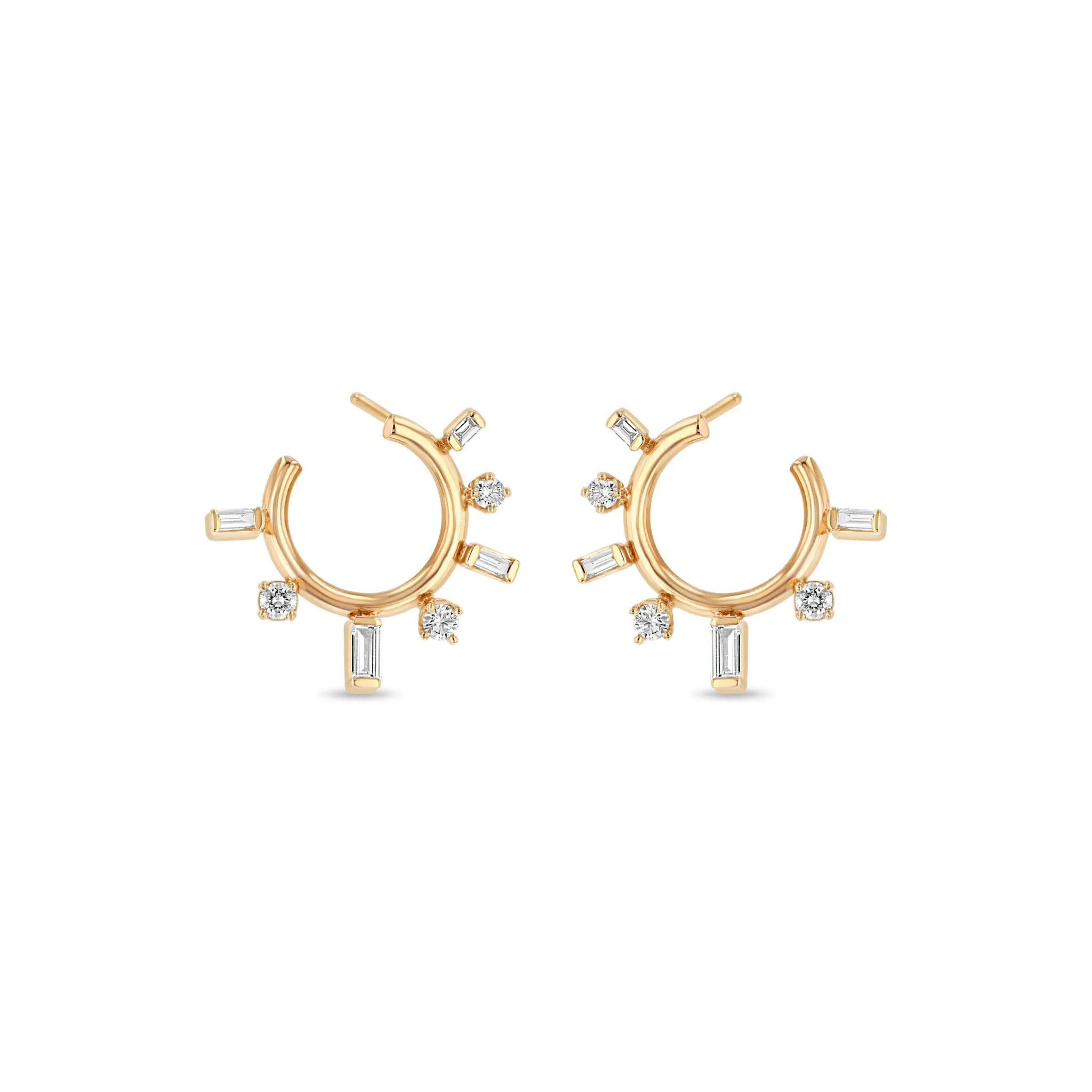 14k Baguette & Prong Diamond Front to Back Circle Hoops