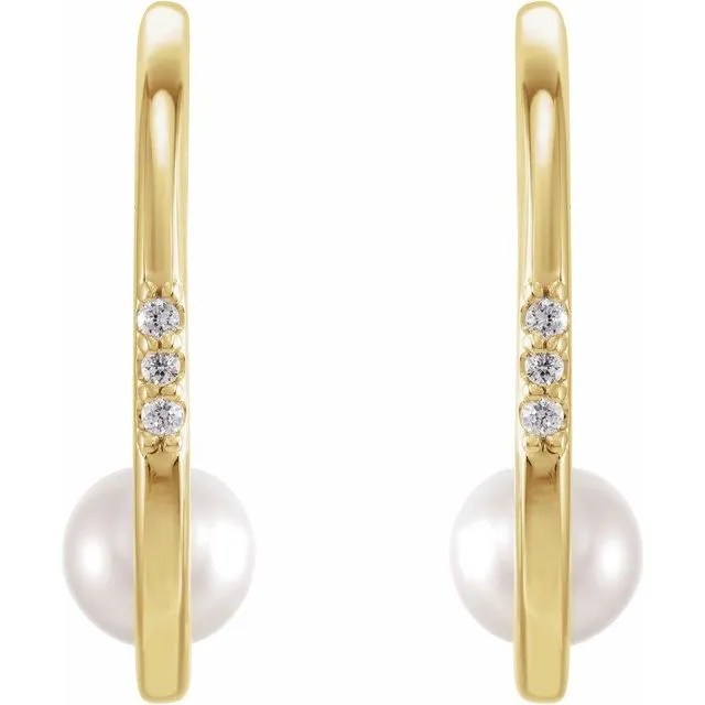 14K Gold Pearl Diamond Hoop Earrings