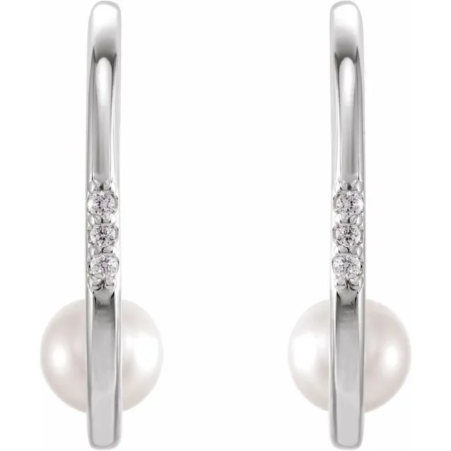 14K Gold Pearl Diamond Hoop Earrings