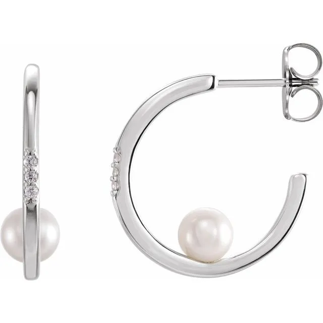 14K Gold Pearl Diamond Hoop Earrings