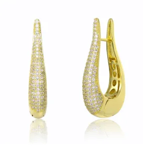 14k Gold Plated with Clear Cubic Zirconia Oblong Oval Raindrop Hoop Earrings