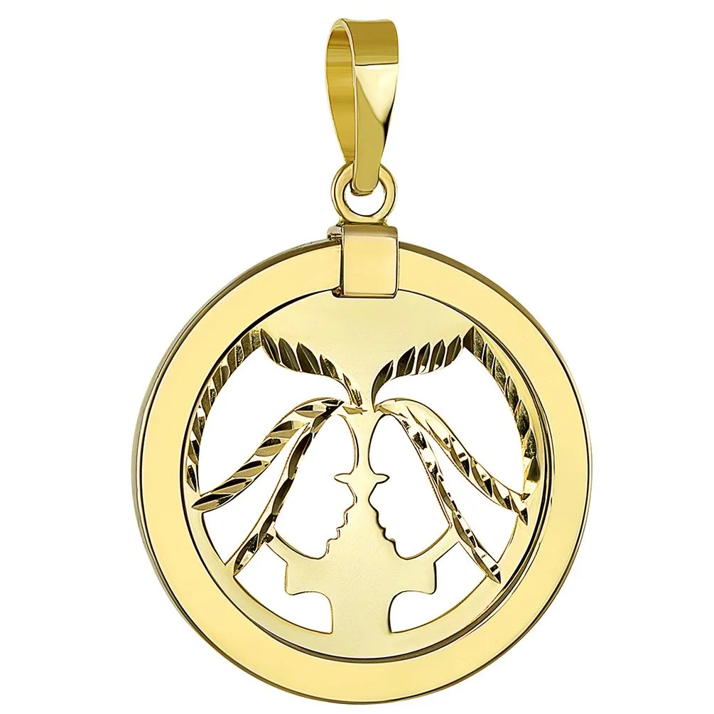 14K Gold Reversible Round Gemini Twins Zodiac Sign Pendant with Chain Necklace - Yellow Gold