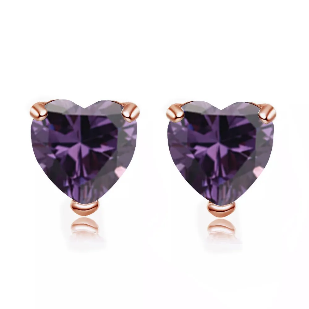 14k Rose Gold Plated 1 Carat Heart Created Amethyst Sapphire Stud Earrings