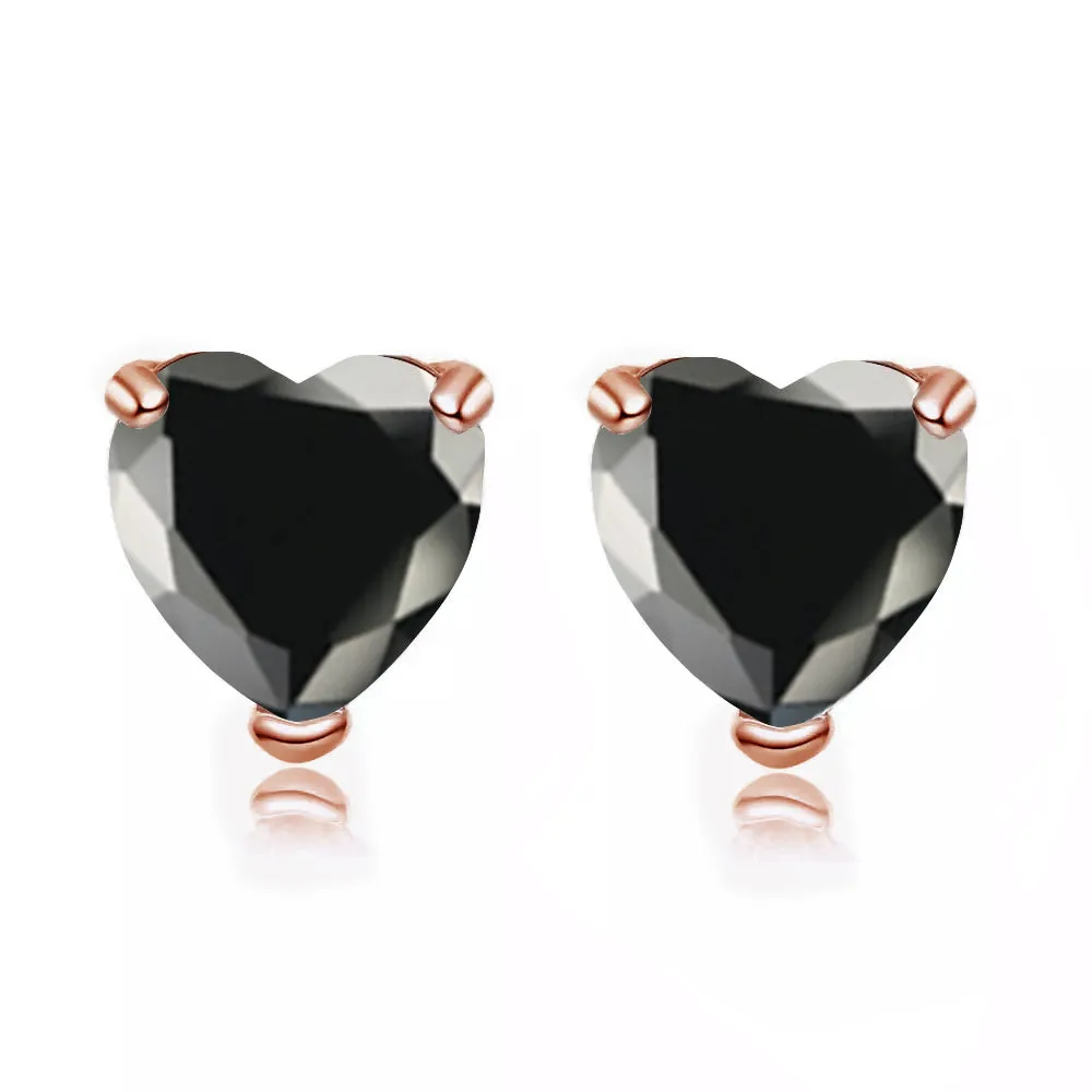 14k Rose Gold Plated 2 Carat Heart Created Black Sapphire Stud Earrings