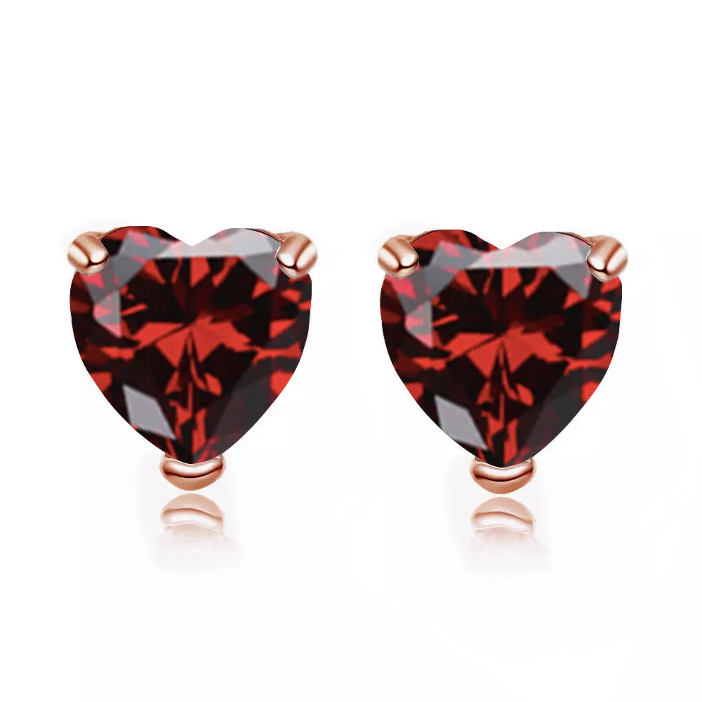 14k Rose Gold Plated 4 Carat Heart Created Garnet Sapphire Stud Earrings