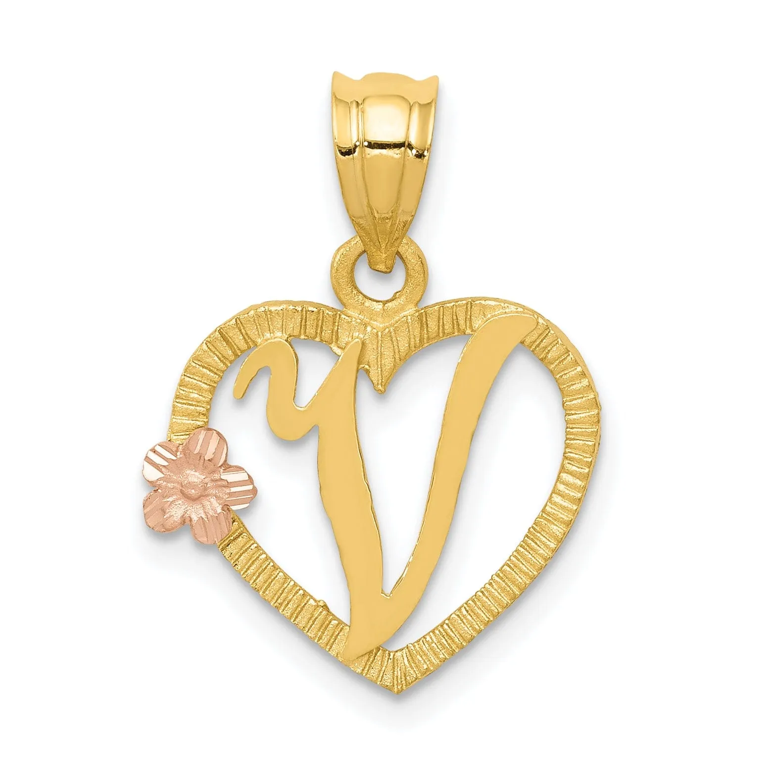 14k Two Tone Gold Heart Flower Design Script Letter V Initial Charm Pendant