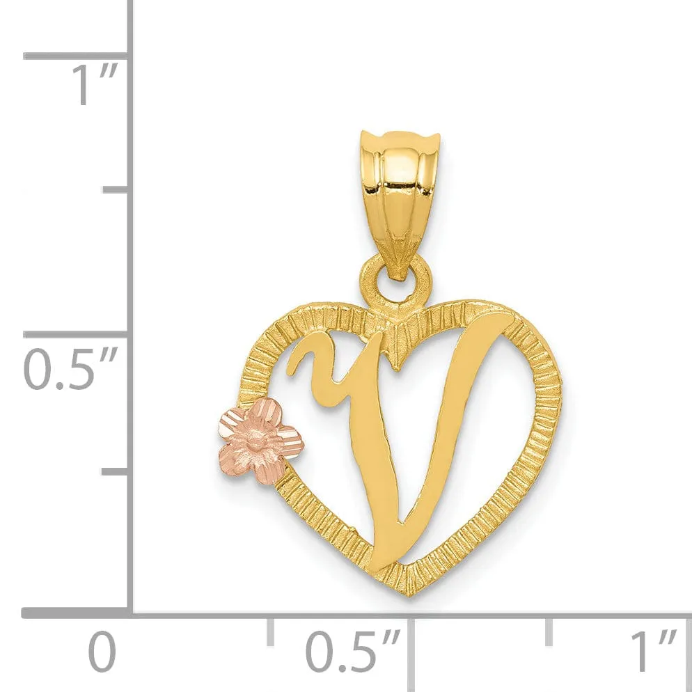 14k Two Tone Gold Heart Flower Design Script Letter V Initial Charm Pendant