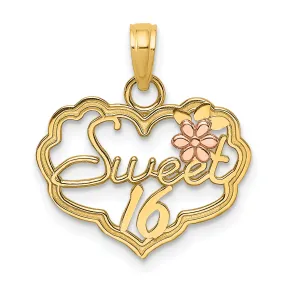 14k Two Tone Gold SWEET 16 Heart Flower Design Pendant