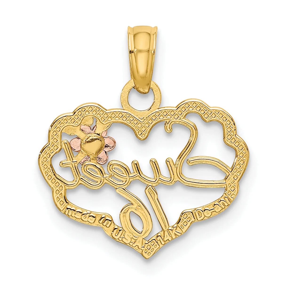 14k Two Tone Gold SWEET 16 Heart Flower Design Pendant