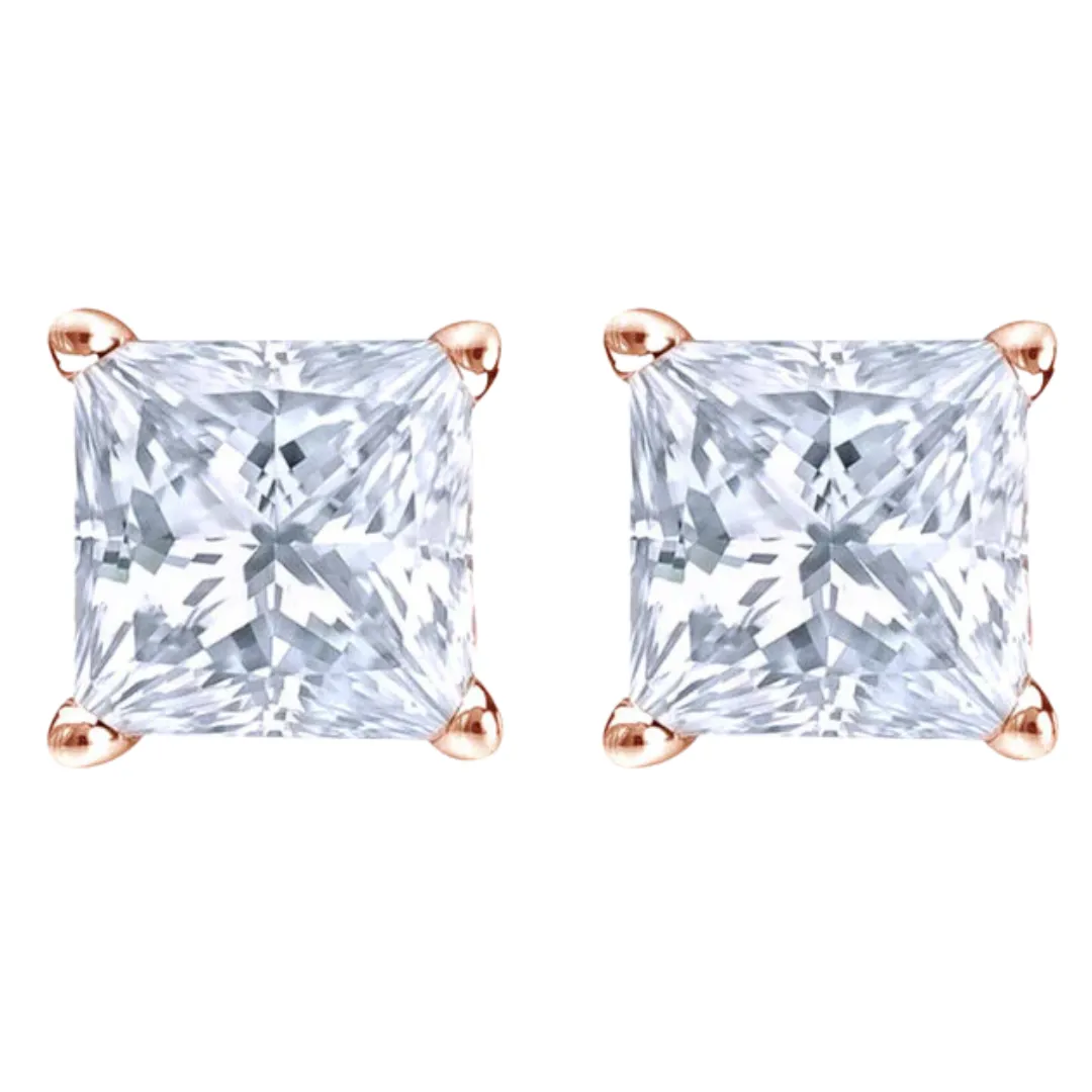 14k White And Rose Gold 1/2 Carat Solitaire Created Diamond 2 Pair Princess Stud Earrings