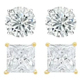 14k White and Yellow Gold 1/2 Carat Solitaire Created Diamond 2 Pair Round and Princess Stud Earrings