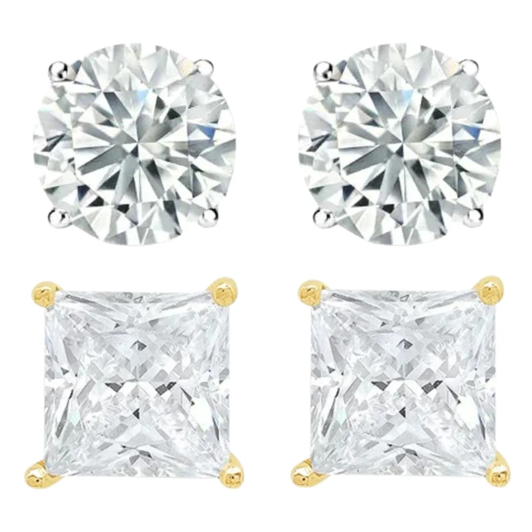 14k White and Yellow Gold 1/2 Carat Solitaire Created Diamond 2 Pair Round and Princess Stud Earrings