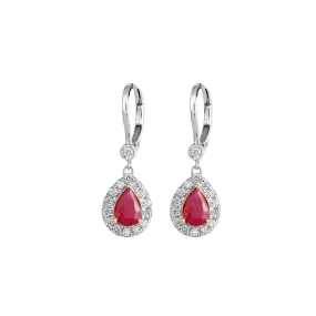 14K White and Yellow Gold Pear Ruby with Diamond Halo Dangle Earrings