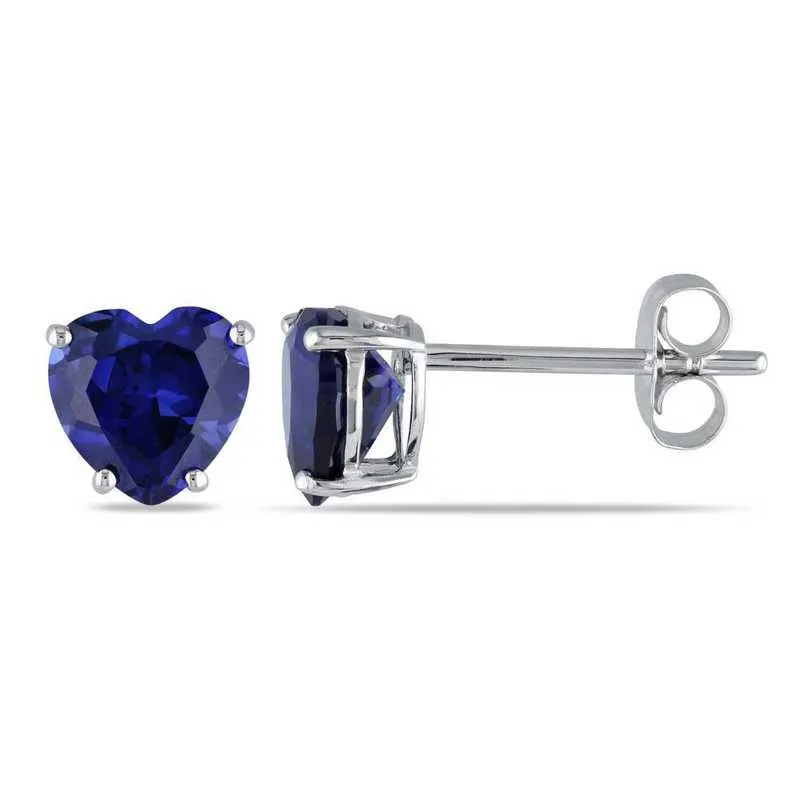 14k White Gold Plated 1/2 Carat Heart Created Blue Sapphire Stud Earrings