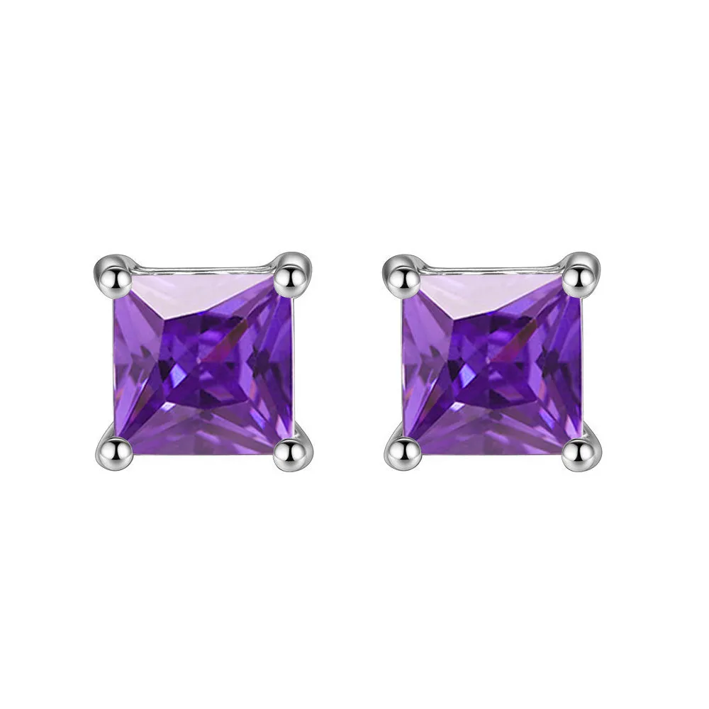 14k White Gold Plated 1/2 Carat Princess Cut Created Amethyst Sapphire Stud Earrings