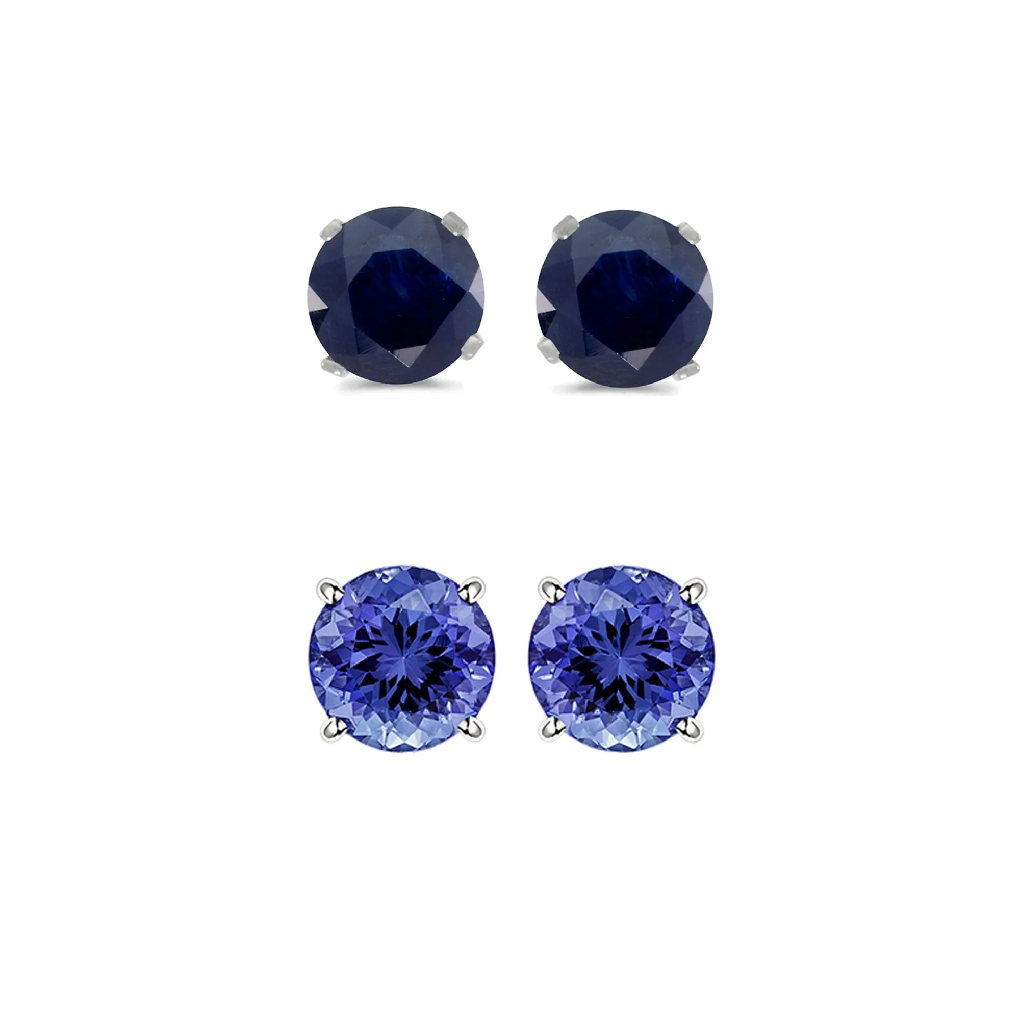 14k White Gold Plated 1Ct Created Black Sapphire and Tanzanite 2 Pair Round Stud Earrings