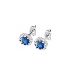 14k White Gold Plated 2 Ct Created Halo Round Blue Sapphire Stud Earrings