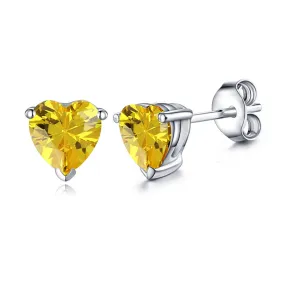 14k White Gold Plated 3 Carat Heart Created Yellow Sapphire Stud Earrings