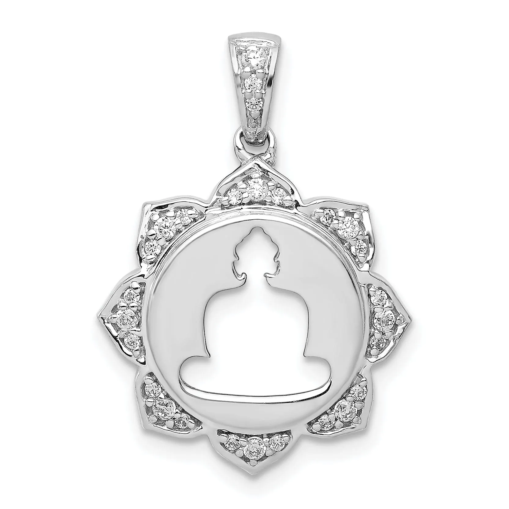 14k White Gold Polished Finish 0.165-CT Diamond Buddha Cut Out Design Charm Pendant