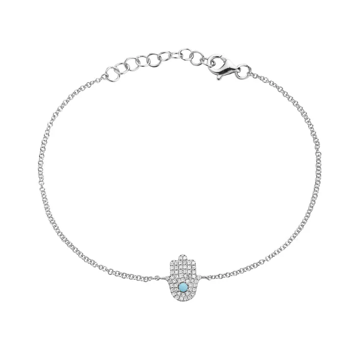 14K White Gold Turqoise And Diamond Hamsa Bracelet