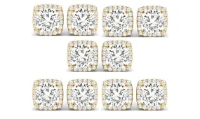 14k Yellow Gold 3Ct Cushion Cut White Sapphire Set Of Five Halo Stud Earrings Plated