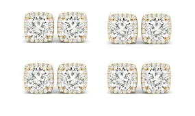 14k Yellow Gold 3Ct Cushion Cut White Sapphire Set Of Four Halo Stud Earrings Plated