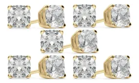 14k Yellow Gold 6mm 2Ct Cushion Cut White Sapphire Set Of Five Stud Earrings Plated