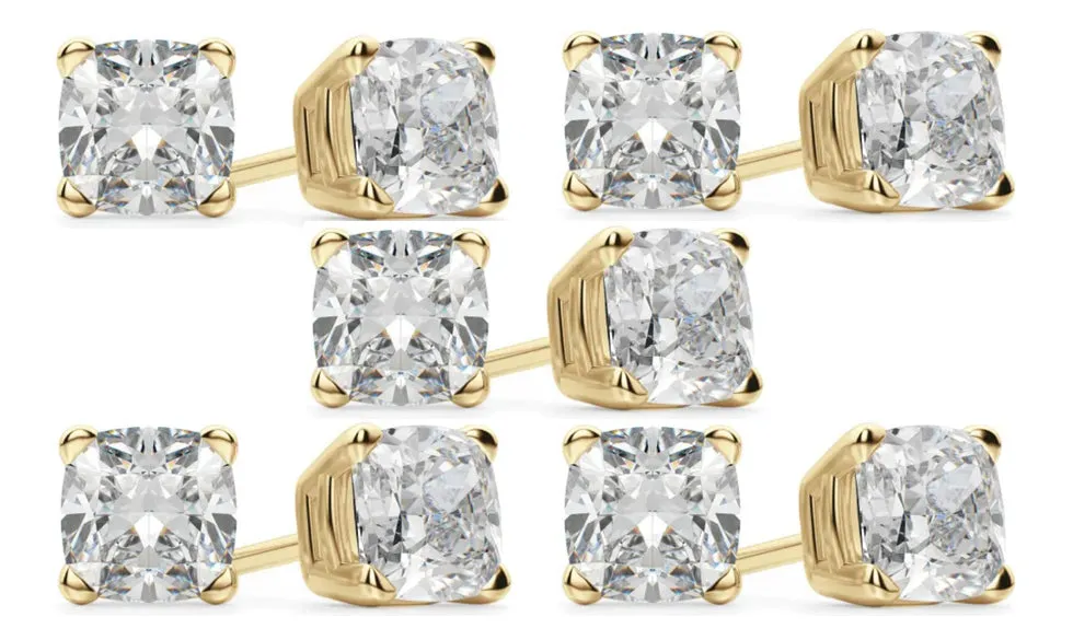 14k Yellow Gold 6mm 2Ct Cushion Cut White Sapphire Set Of Five Stud Earrings Plated