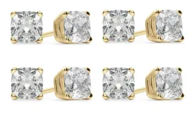 14k Yellow Gold 6mm 2Ct Cushion Cut White Sapphire Set Of Four Stud Earrings Plated