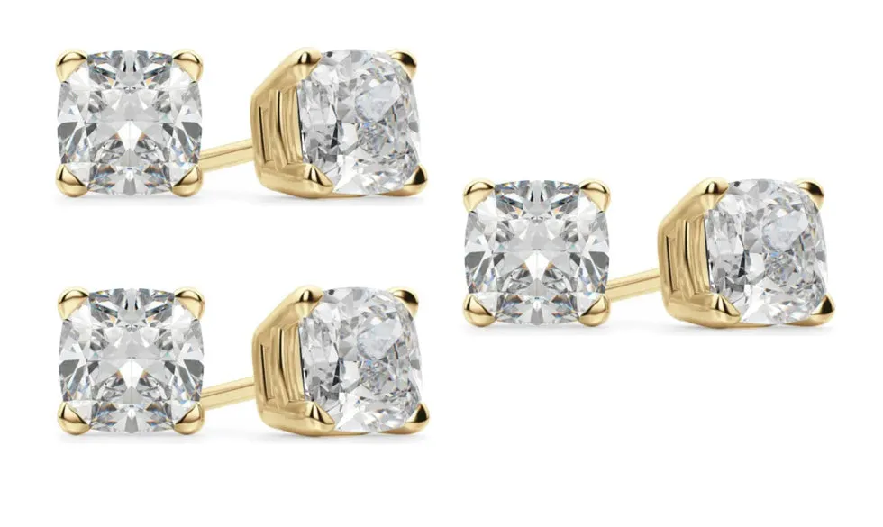 14k Yellow Gold 6mm 2Ct Cushion Cut White Sapphire Set Of Three Stud Earrings Plated