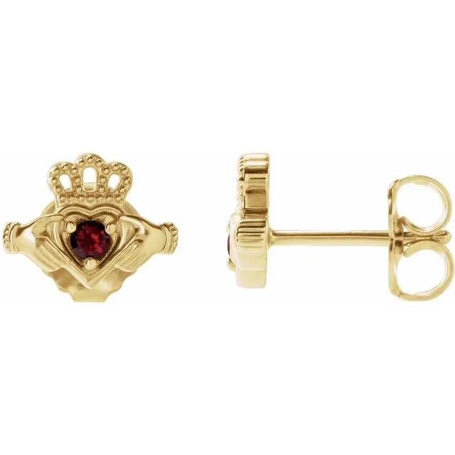 14K Yellow Gold Natural Mozambique Garnet Claddagh Earrings