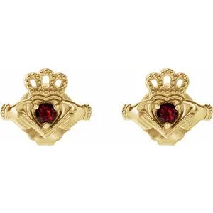 14K Yellow Gold Natural Mozambique Garnet Claddagh Earrings