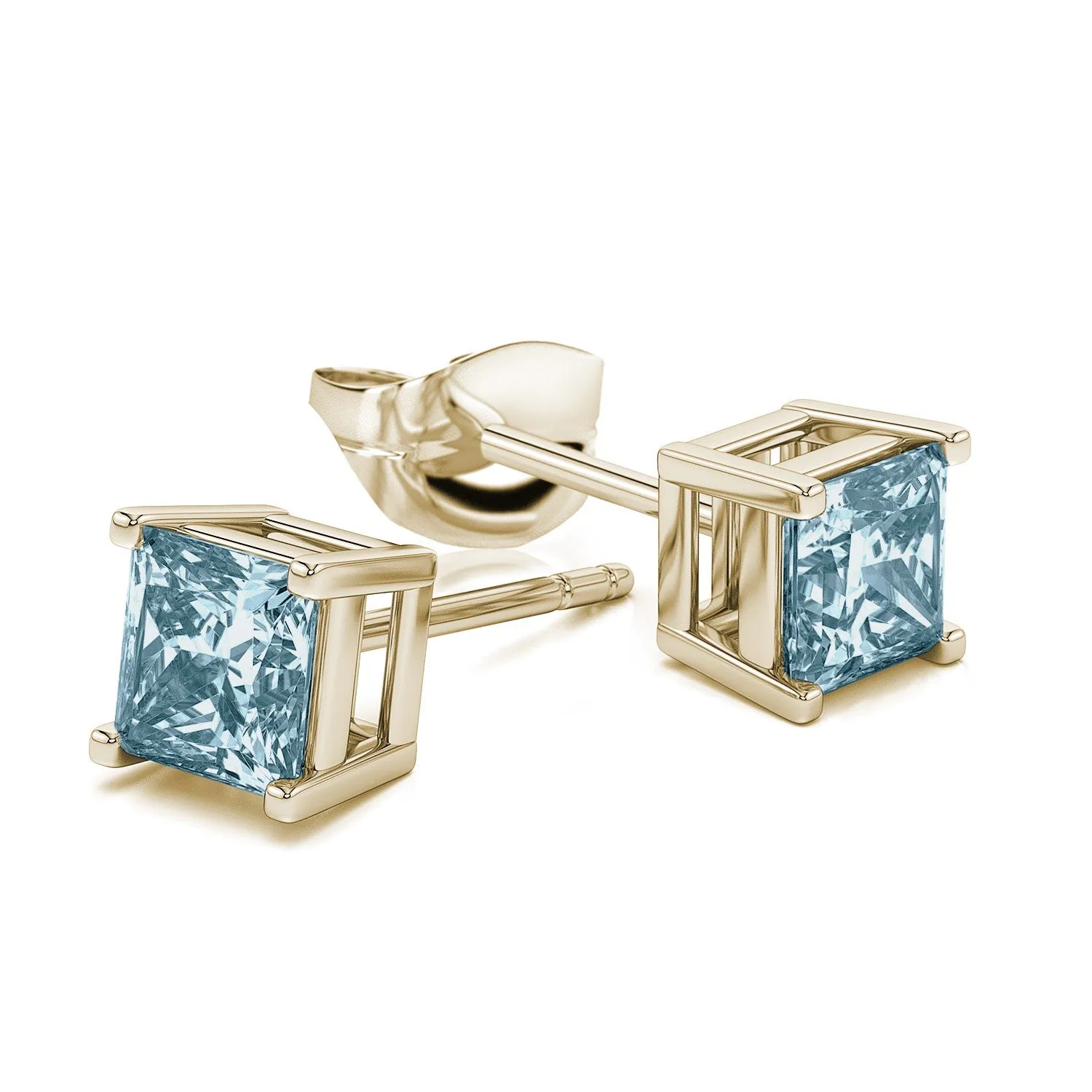 14k Yellow Gold Plated 1/2 Carat Princess Cut Created Aquamarine Sapphire Stud Earrings