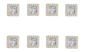 14k Yellow Gold Plated 1Ct Square Cut White Sapphire Set of Four Halo Stud Earrings