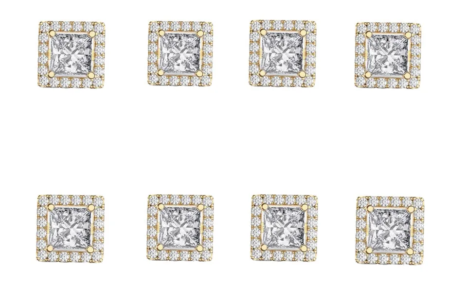 14k Yellow Gold Plated 1Ct Square Cut White Sapphire Set of Four Halo Stud Earrings